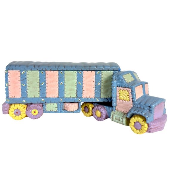 Patchwork Semi Truck Trinket Box Ceramic VTG 70s Kitschy Decor Rare OOAK Driver - Picture 3 of 16